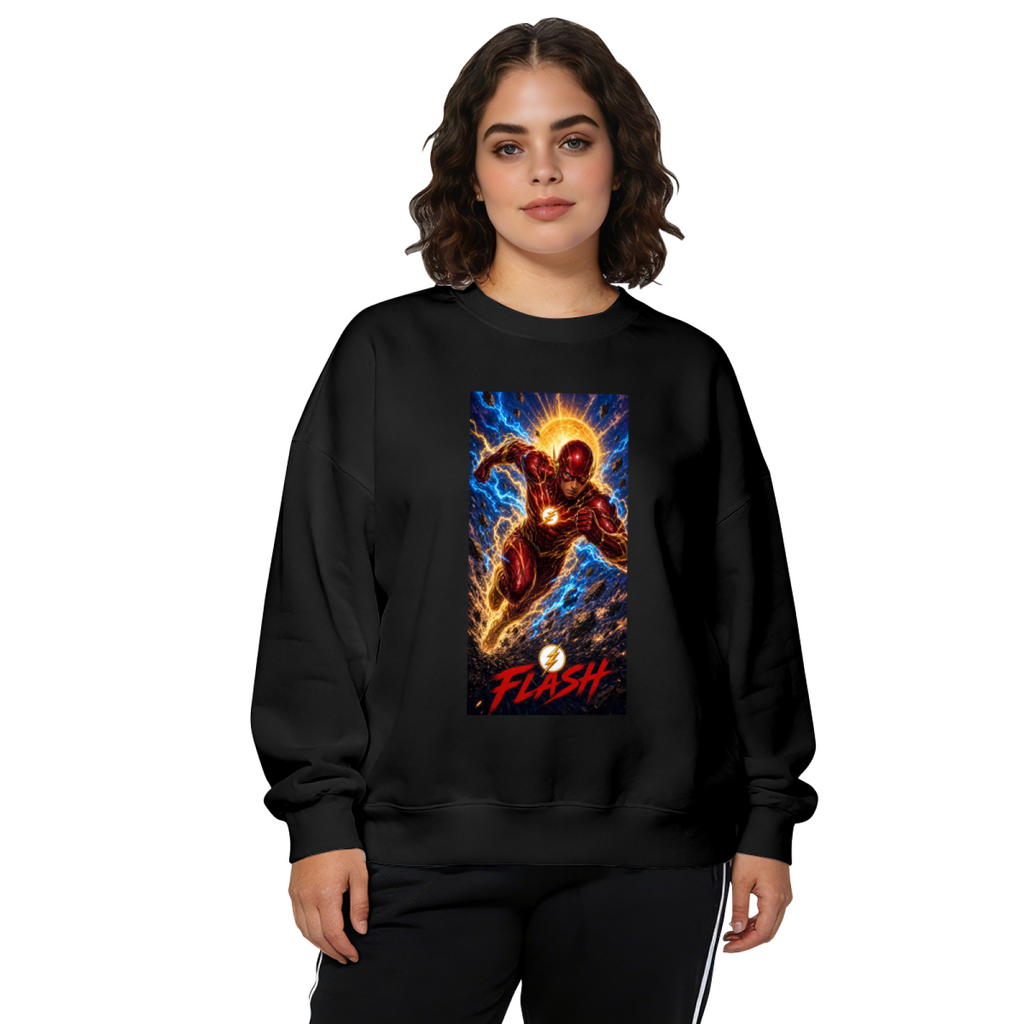 On-model product photo: women's crewneck sweatshirt bearing a masked runner charging beneath a sunburst and golden lightning
