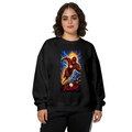 On-model product photo: women's crewneck sweatshirt bearing a masked runner charging beneath a sunburst and golden lightning