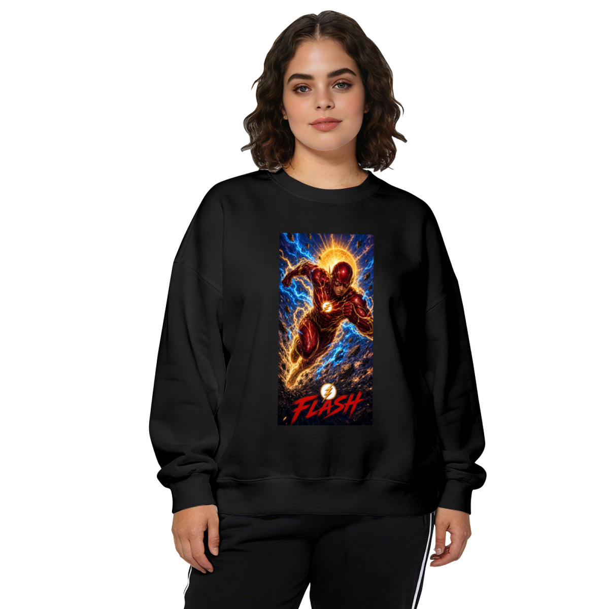 On-model product photo: women's crewneck sweatshirt bearing a masked runner charging beneath a sunburst and golden lightning