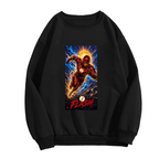 Women's crewneck sweatshirt photographed alone, with a masked runner charging beneath a sunburst and golden lightning on the front