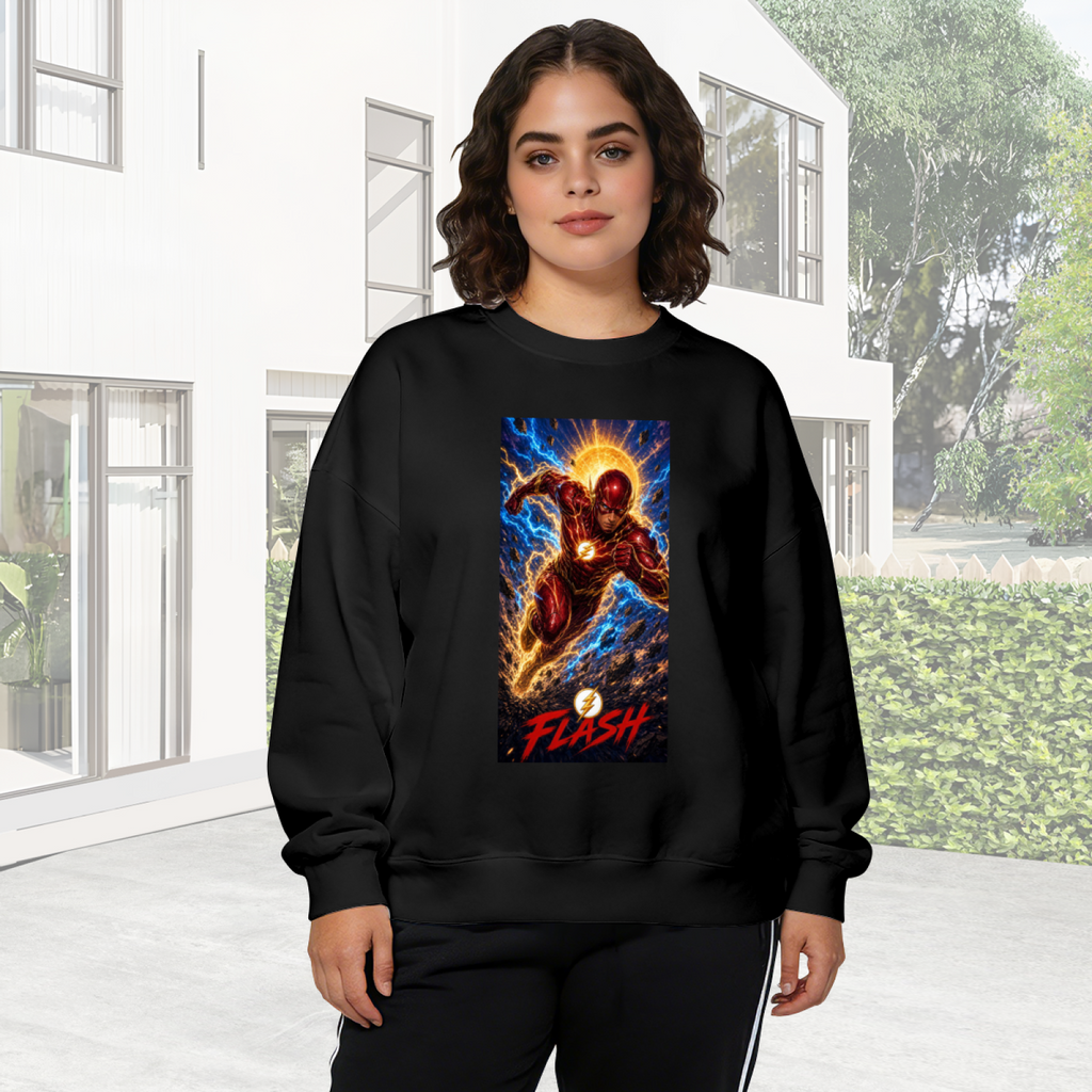 Lifestyle image outdoors: women's crewneck sweatshirt with a front graphic of a masked runner charging beneath a sunburst and golden lightning