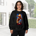 Lifestyle image outdoors: women's crewneck sweatshirt with a front graphic of a masked runner charging beneath a sunburst and golden lightning