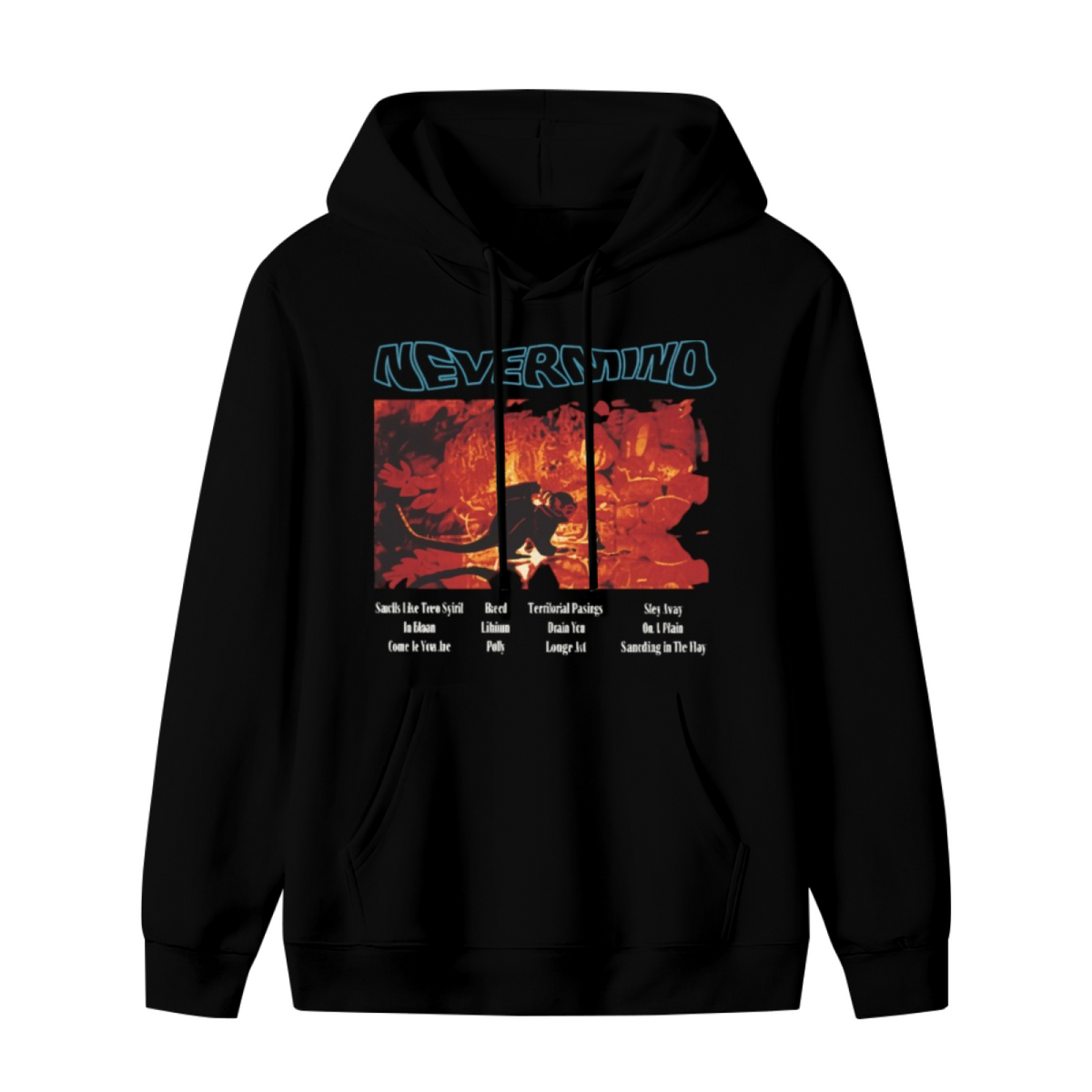Nirvana Nevermind Red Tracklist Hoodie, product image featuring the music and tracklist details design