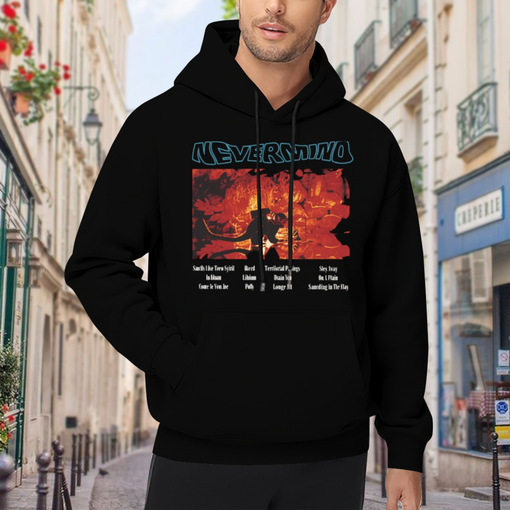 Nirvana Nevermind Red Tracklist Hoodie, product listing image of the music and tracklist details graphic