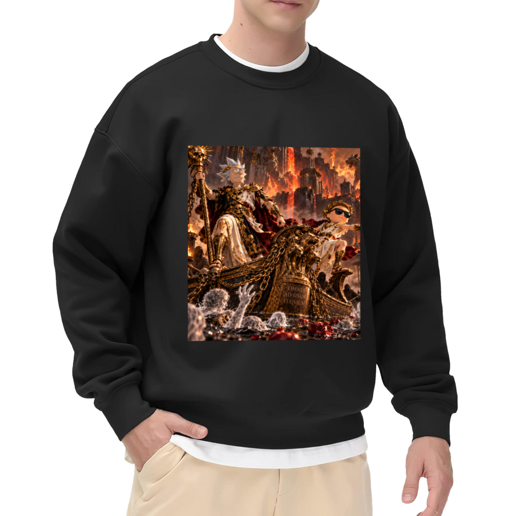 An ornate throne hall filled with firelight and fantasy figures printed on a men's crewneck sweatshirt, shown in a front model photo
