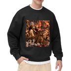 An ornate throne hall filled with firelight and fantasy figures printed on a men's crewneck sweatshirt, shown in a front model photo