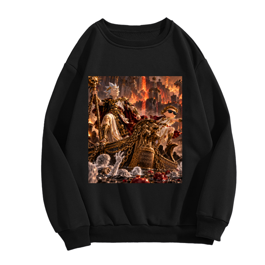 Unworn men's crewneck sweatshirt, front view of the design depicting an ornate throne hall filled with firelight and fantasy figures