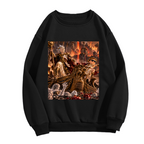 Unworn men's crewneck sweatshirt, front view of the design depicting an ornate throne hall filled with firelight and fantasy figures