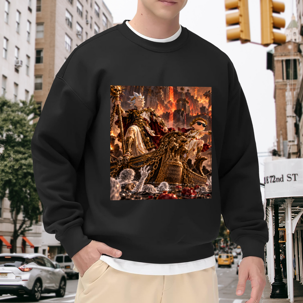 On-location model photograph displaying an ornate throne hall filled with firelight and fantasy figures on the front of a men's crewneck sweatshirt