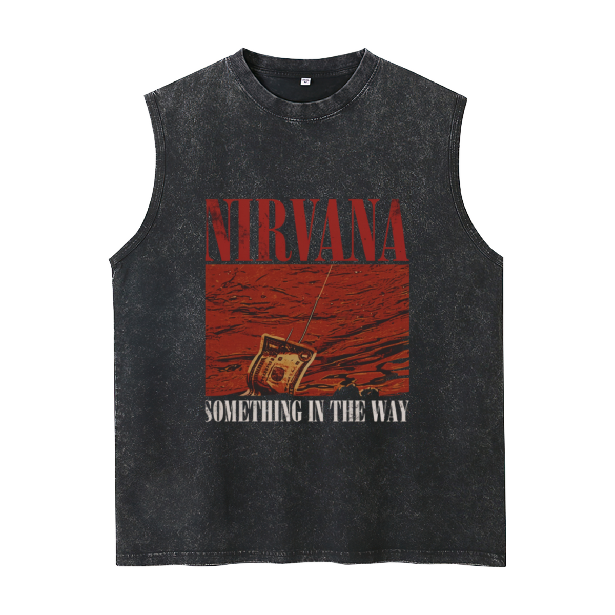 Nirvana Something in the Way Washed Graphic Tank Top — product image showing the a graphic inspired by the song “Something in the Way” design