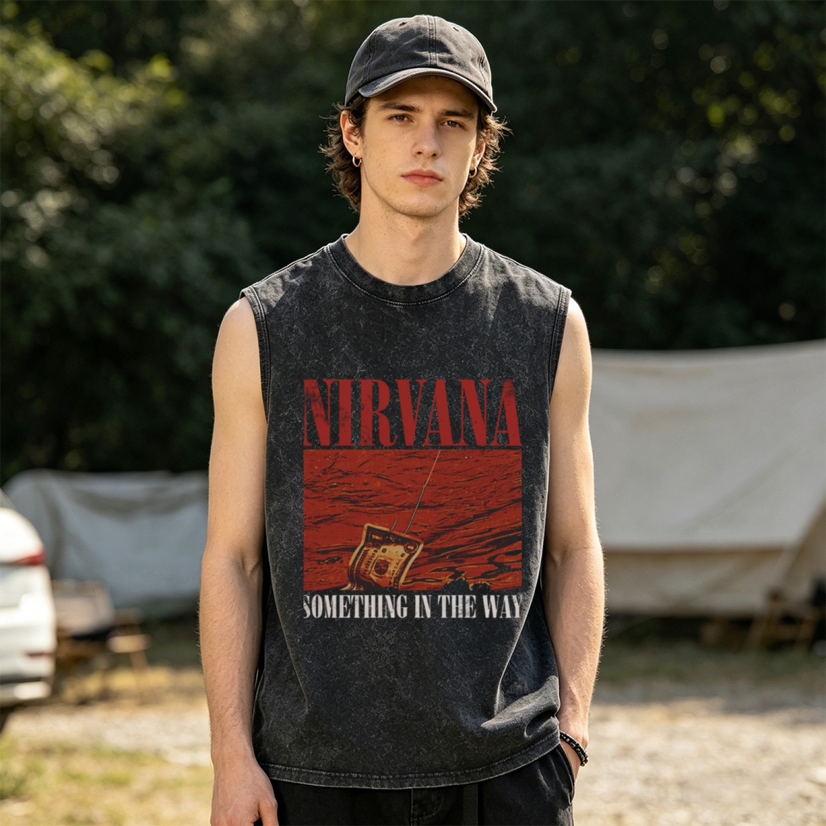 Nirvana Something in the Way Washed Graphic Tank Top — product image showing the a graphic inspired by the song “Something in the Way” design