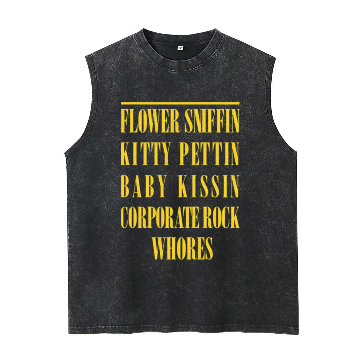 Nirvana Flower Sniffin Quote Washed Graphic Tank Top — product image showing the a lyric-inspired “Flower Sniffin” quote graphic design