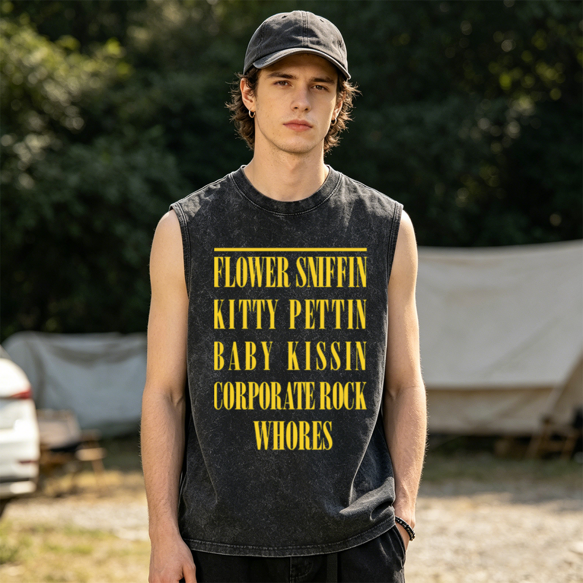 Nirvana Flower Sniffin Quote Washed Graphic Tank Top — product image showing the a lyric-inspired “Flower Sniffin” quote graphic design