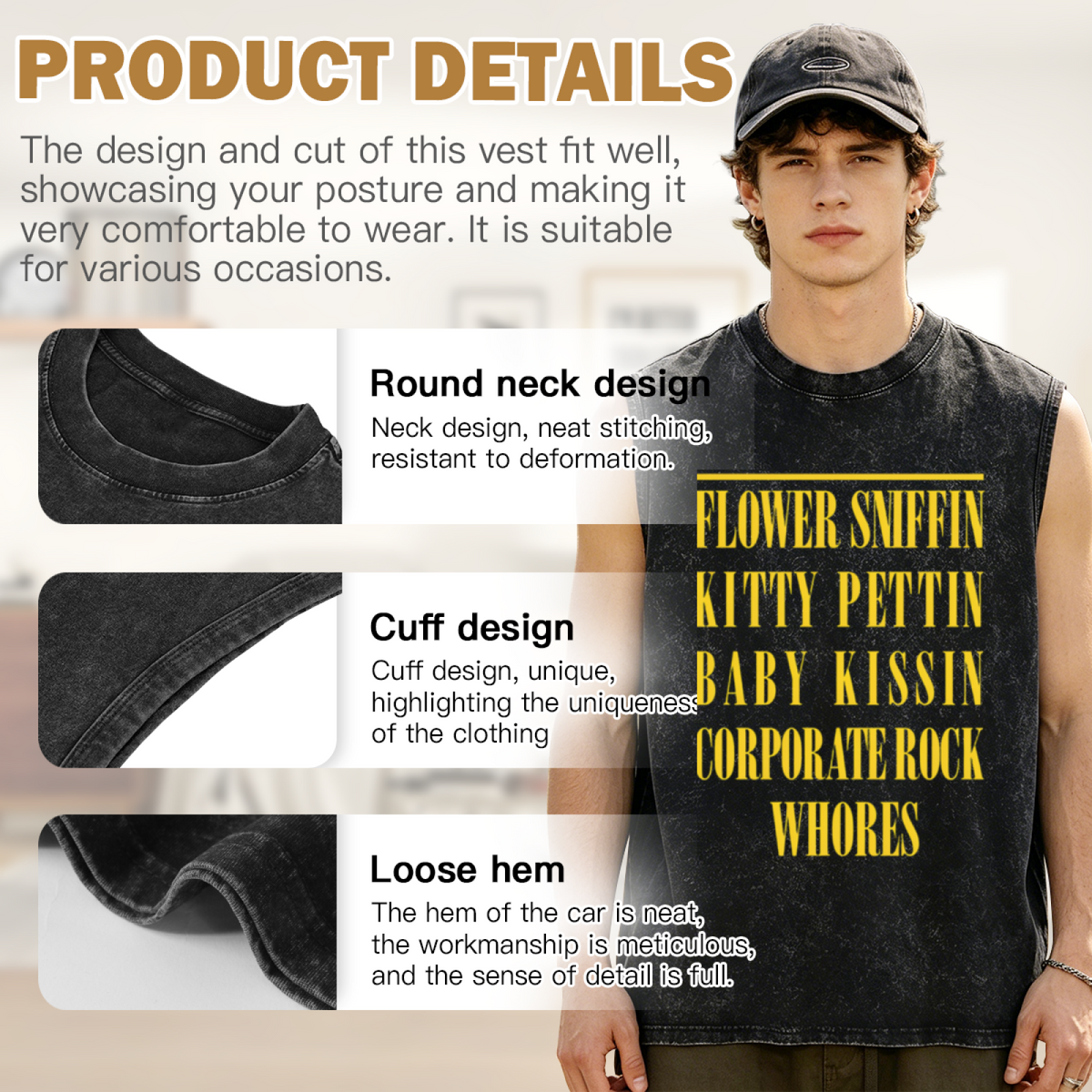 Nirvana Flower Sniffin Quote Washed Graphic Tank Top — product image showing the a lyric-inspired “Flower Sniffin” quote graphic design