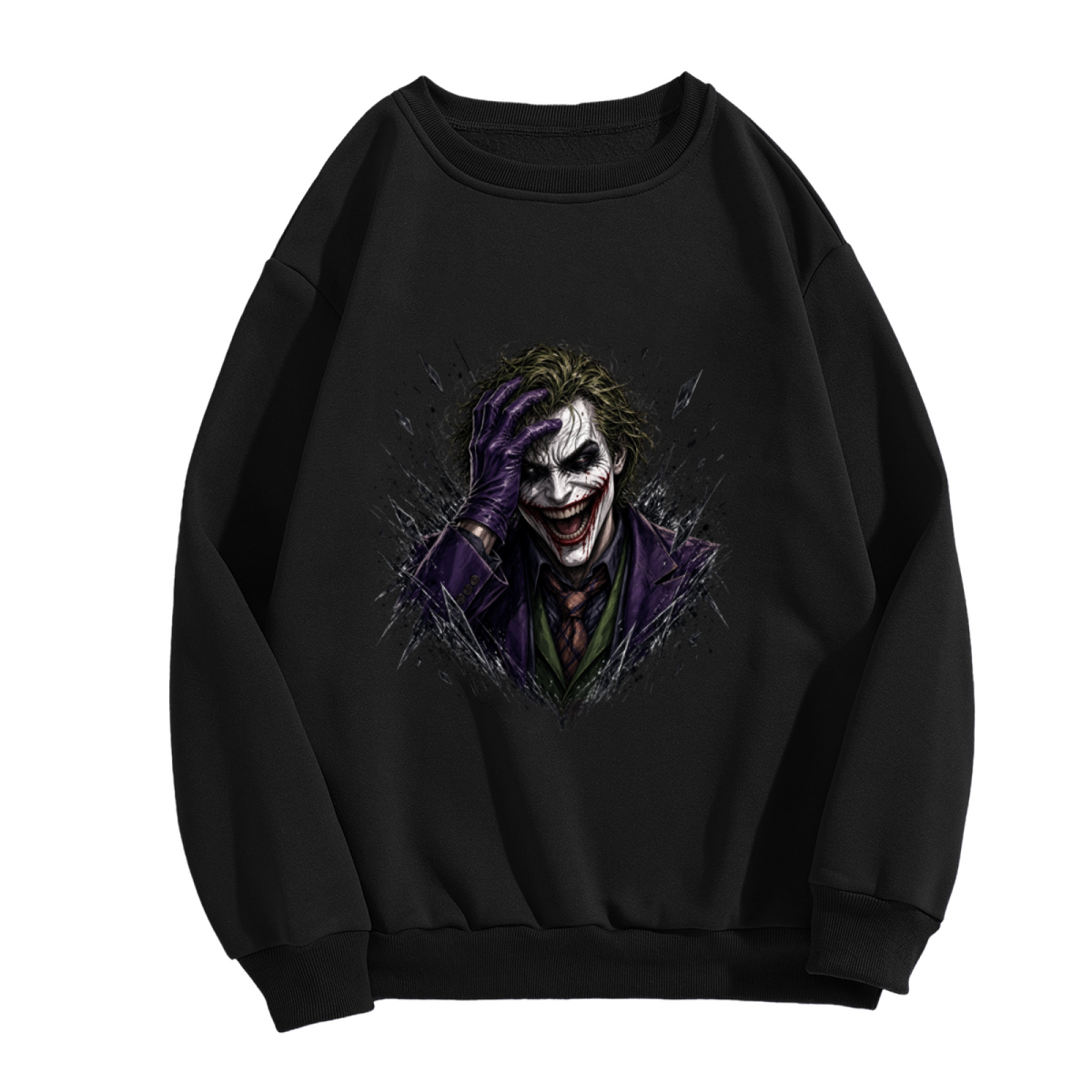 A grinning clown portrait framed by rough dark strokes shown on the front of a women's crewneck sweatshirt in a standalone product shot