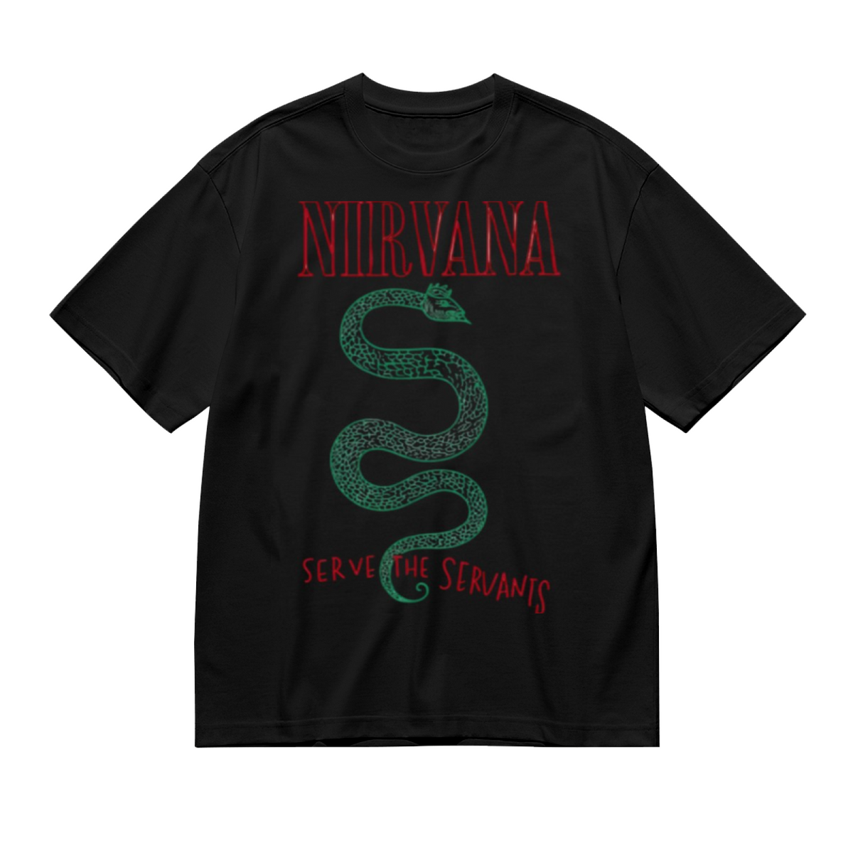 Nirvana Serve the Servants Snake Graphic T-Shirt — product design preview of the artwork; a green snake illustration is paired with a reference to “Serve the Servants