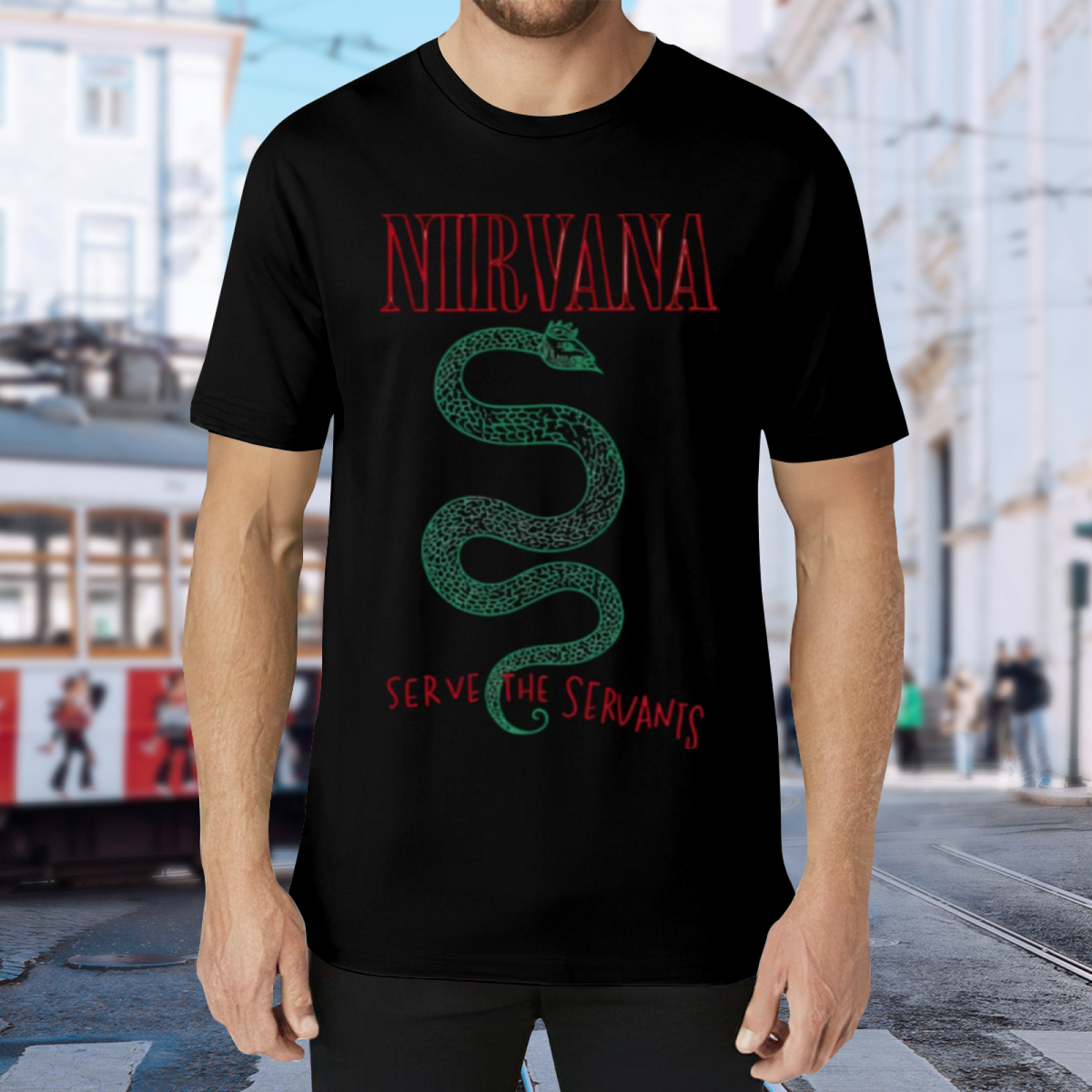 Nirvana Serve the Servants Snake Graphic T-Shirt — product design preview of the artwork; a green snake illustration is paired with a reference to “Serve the Servants