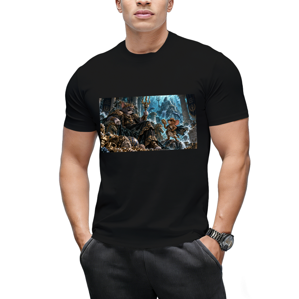 Front view of a model in a men's T-shirt featuring animated Cat & Mouse Mayhem artwork