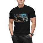 Front view of a model in a men's T-shirt featuring animated Cat & Mouse Mayhem artwork