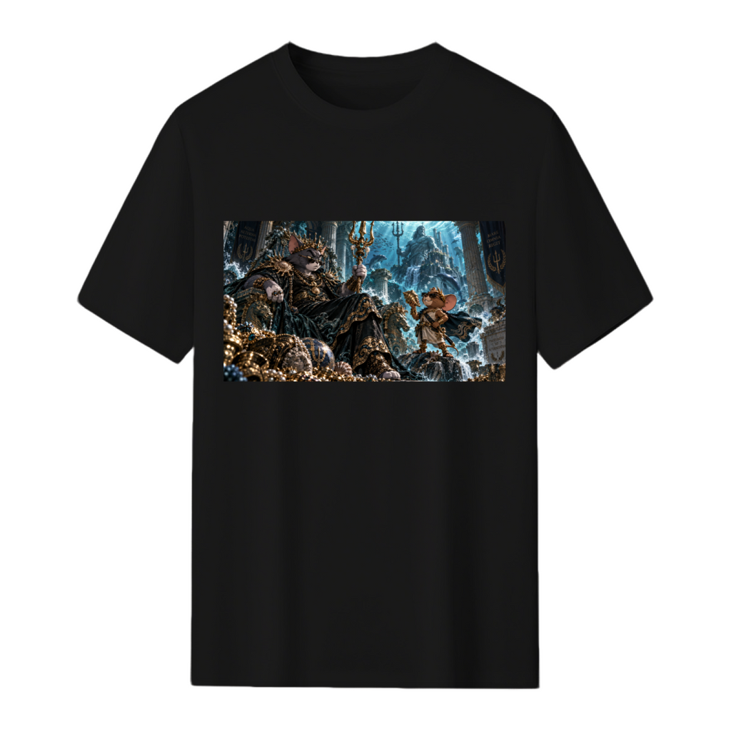 Front-facing men's T-shirt with animated Cat & Mouse Mayhem graphic clearly displayed