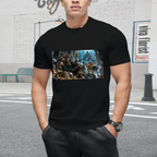 Street view of a model wearing a men's T-shirt with animated Cat & Mouse Mayhem graphic