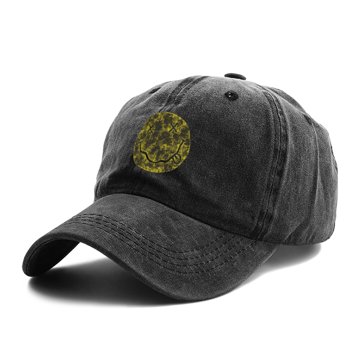 Gray Nirvana I’m So Happy Smiley Washed Baseball Cap; Nirvana I’m So Happy text and smiley motif