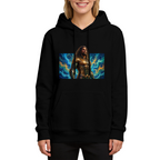 Studio photograph of a model in a women's hoodie showing a long-haired warrior in golden armor surrounded by swirling waves