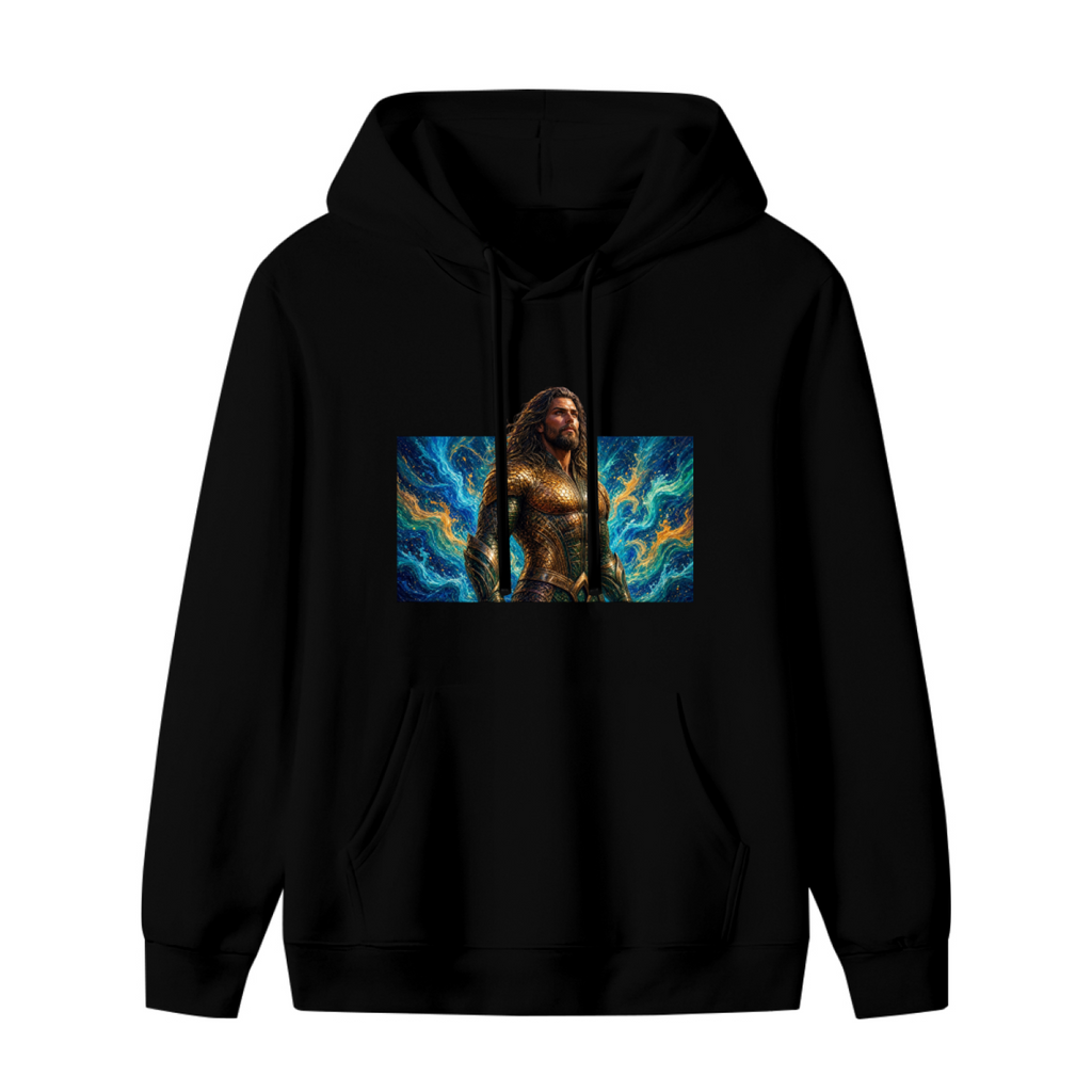 Standalone women's hoodie front displaying a graphic of a long-haired warrior in golden armor surrounded by swirling waves