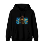 Standalone women's hoodie front displaying a graphic of a long-haired warrior in golden armor surrounded by swirling waves