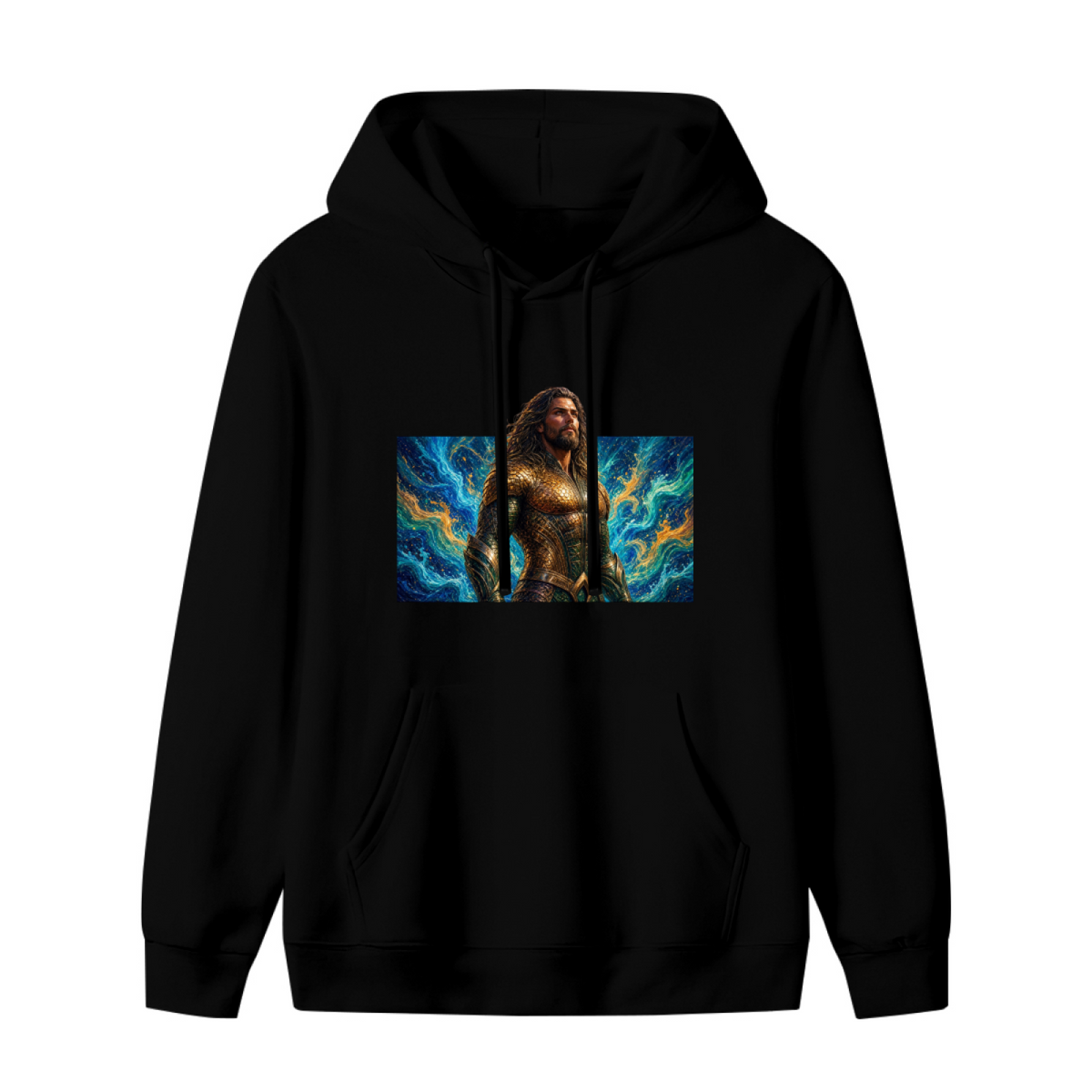 Standalone women's hoodie front displaying a graphic of a long-haired warrior in golden armor surrounded by swirling waves