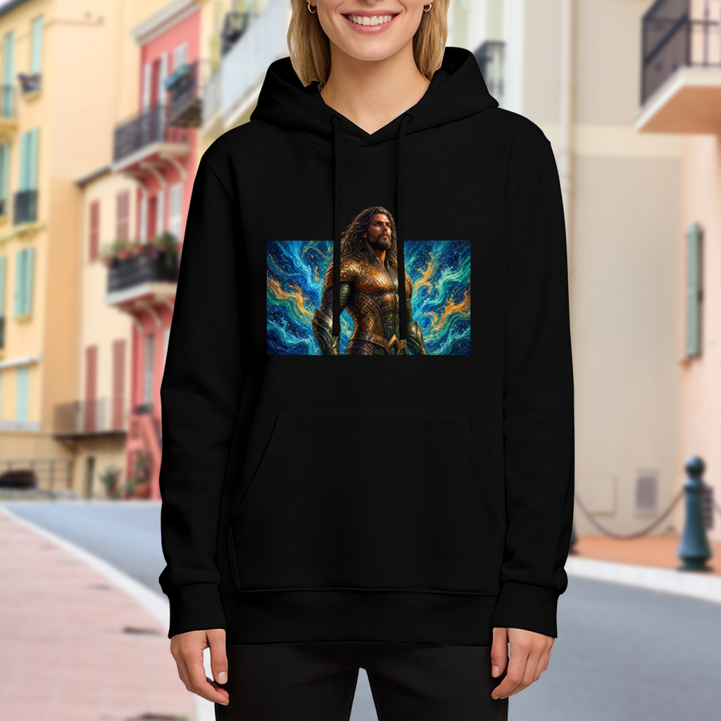 Women's hoodie worn outside, with the camera facing the graphic of a long-haired warrior in golden armor surrounded by swirling waves