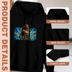 Construction-detail card for the women's A Warrior within the Tide hoodie, including the hood, front pouch and cuff edges