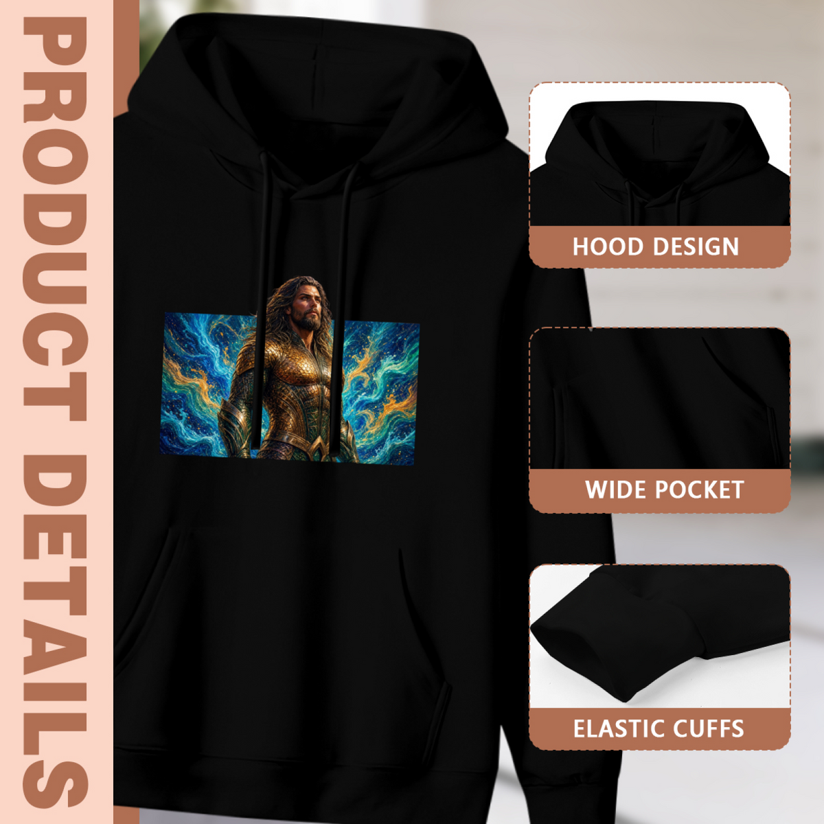 Construction-detail card for the women's A Warrior within the Tide hoodie, including the hood, front pouch and cuff edges