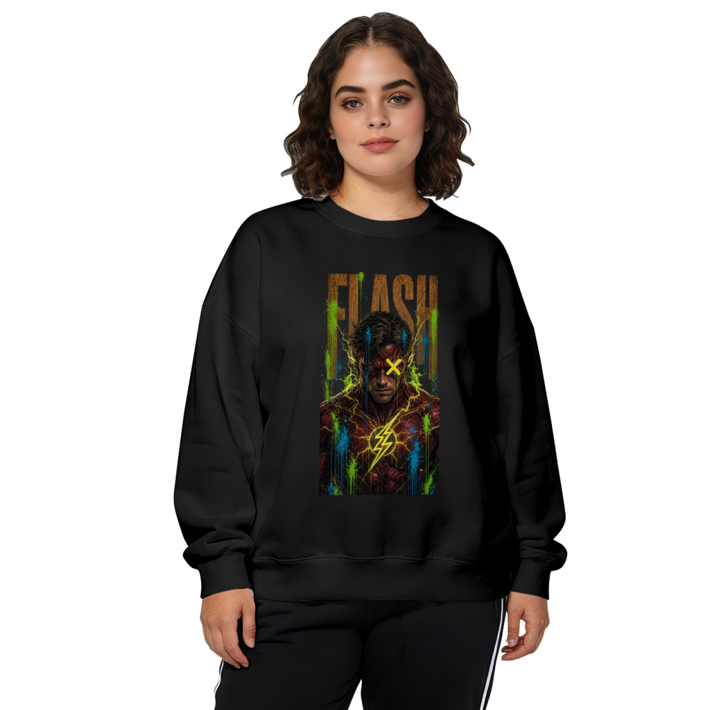 A masked graffiti portrait with a yellow X and lightning marks printed on a women's crewneck sweatshirt, shown in a front model photo
