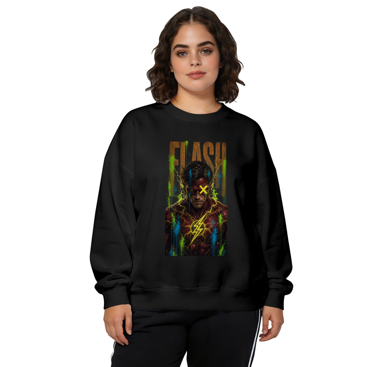 A masked graffiti portrait with a yellow X and lightning marks printed on a women's crewneck sweatshirt, shown in a front model photo