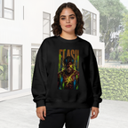 On-location model photograph displaying a masked graffiti portrait with a yellow X and lightning marks on the front of a women's crewneck sweatshirt