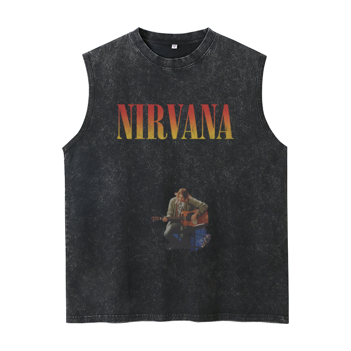 Nirvana Unplugged Guitar Photo Washed Tank Top — product image showing the an acoustic-guitar performance image associated with Nirvana’s Unplugged era design