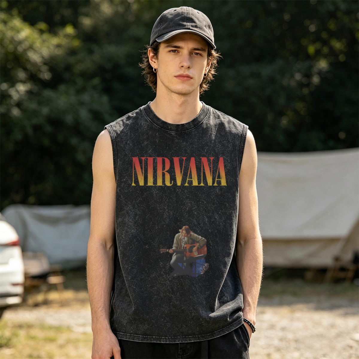 Nirvana Unplugged Guitar Photo Washed Tank Top — product image showing the an acoustic-guitar performance image associated with Nirvana’s Unplugged era design