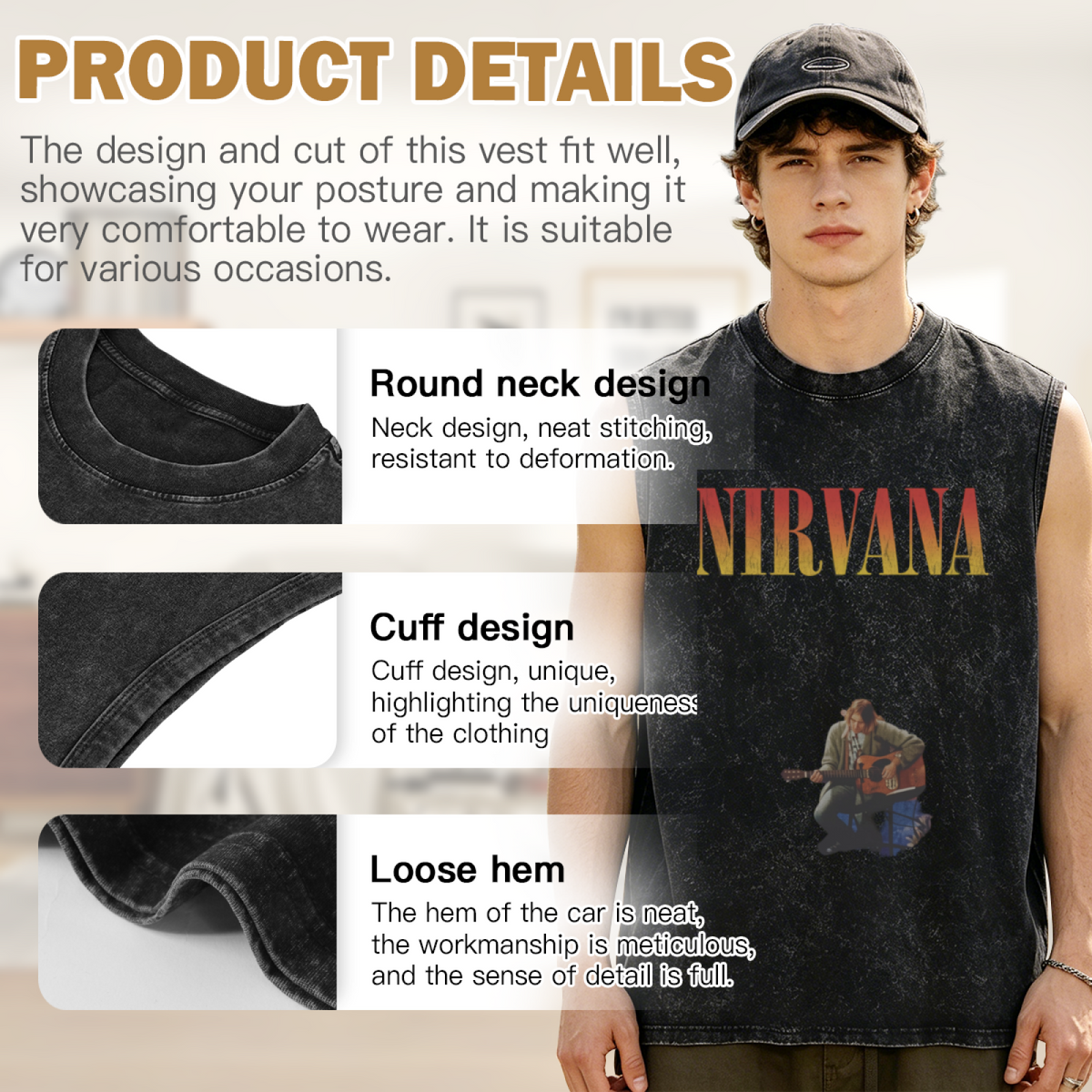 Nirvana Unplugged Guitar Photo Washed Tank Top — product image showing the an acoustic-guitar performance image associated with Nirvana’s Unplugged era design