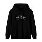 Front garment photograph: women's hoodie decorated with a pigtail rebel portrait in a smoky horizontal panel with lettering