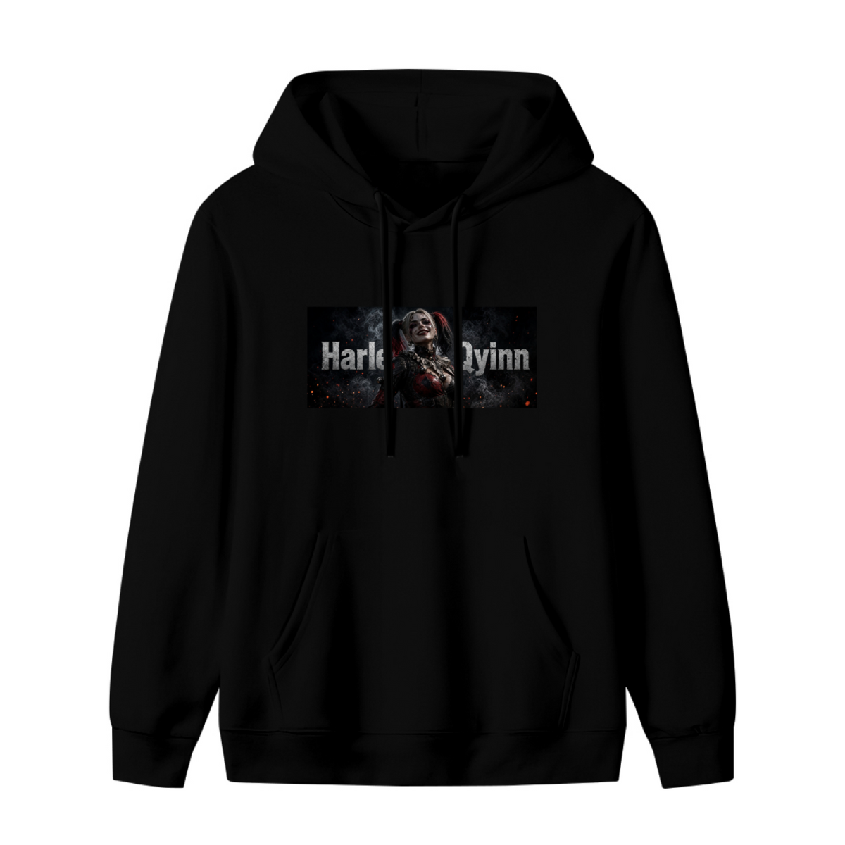 Front garment photograph: women's hoodie decorated with a pigtail rebel portrait in a smoky horizontal panel with lettering