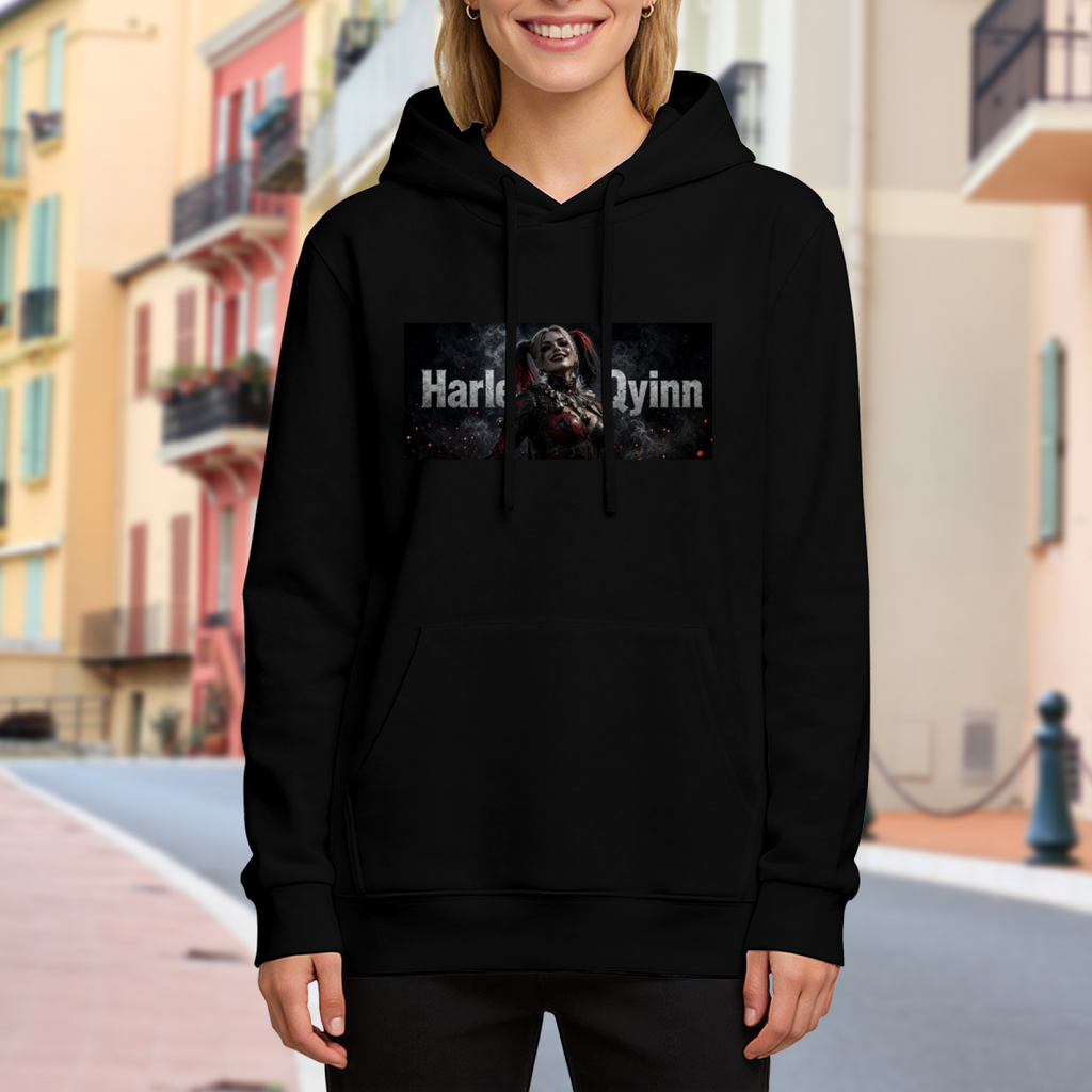 A pigtail rebel portrait in a smoky horizontal panel with lettering visible on a women's hoodie in an outdoor front model view