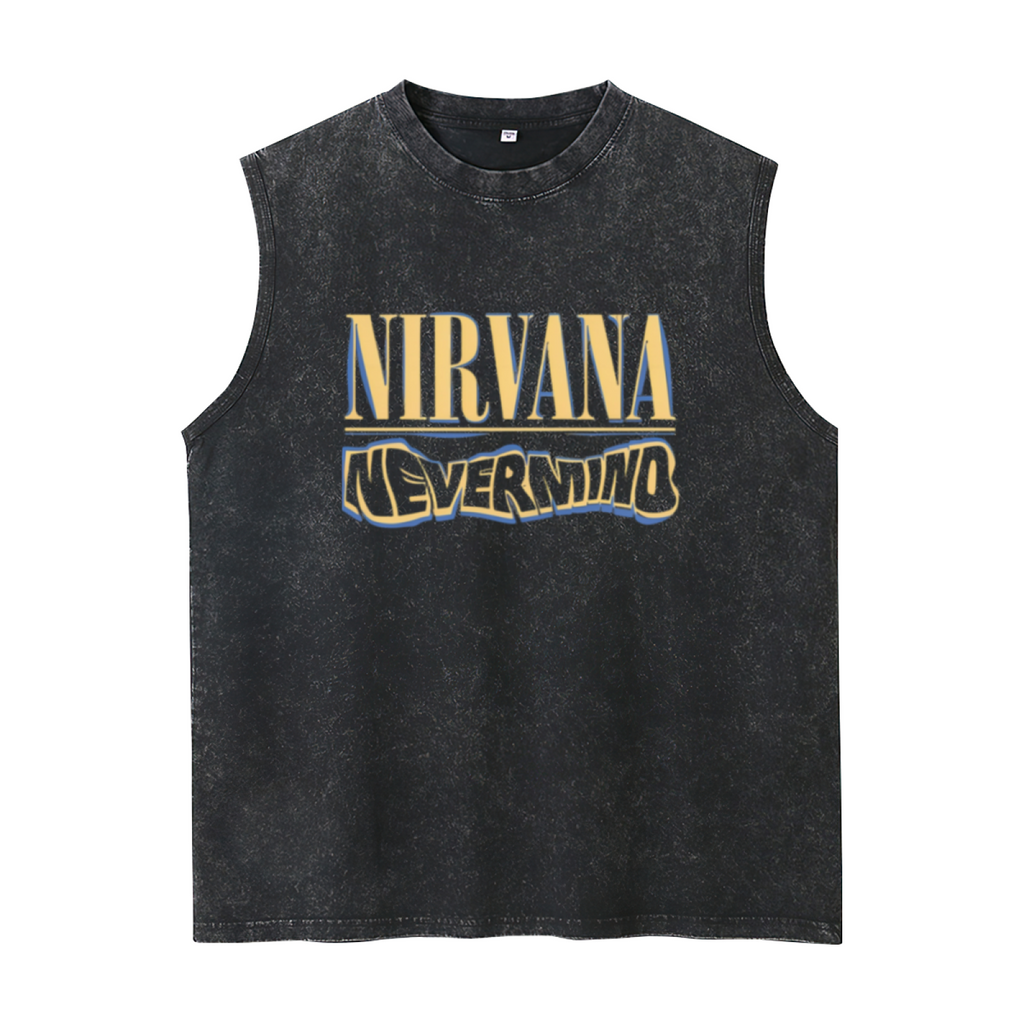 Nirvana Nevermind Logo Unisex Washed Graphic Tank Top — product image showing the a Nirvana Nevermind logo graphic design