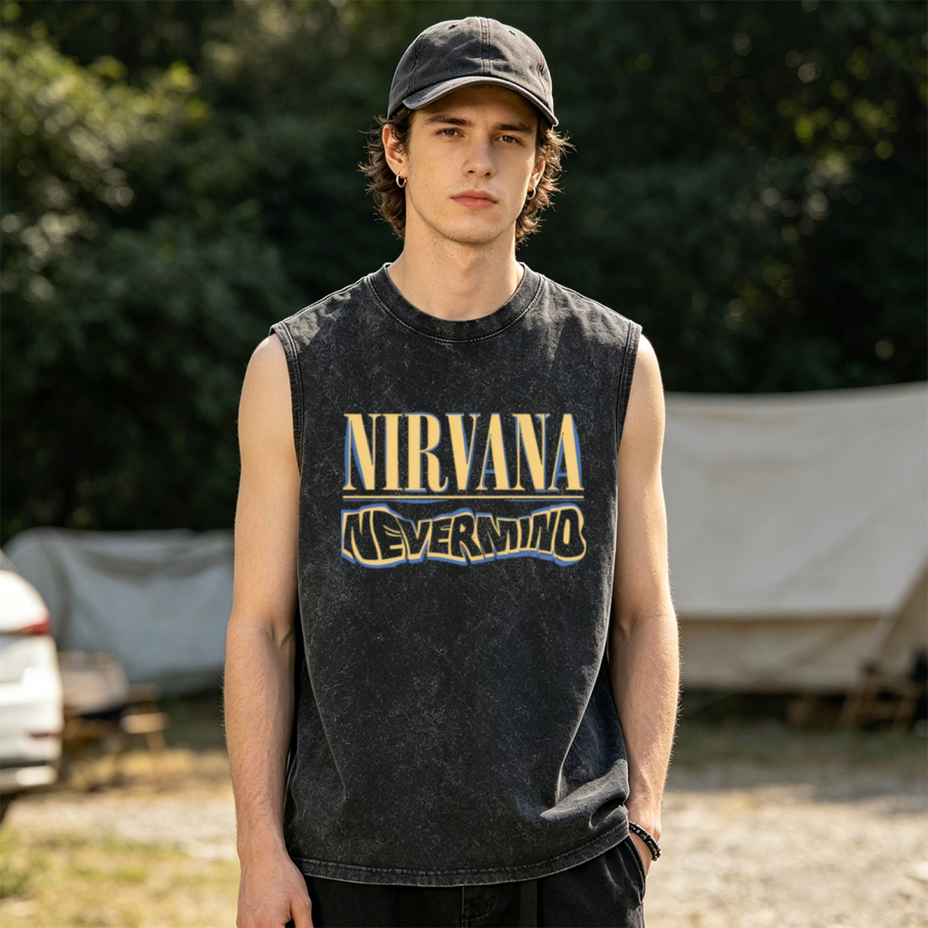 Nirvana Nevermind Logo Unisex Washed Graphic Tank Top — product image showing the a Nirvana Nevermind logo graphic design
