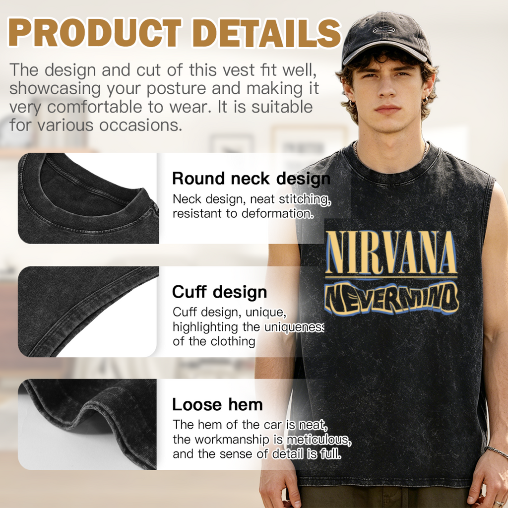 Nirvana Nevermind Logo Unisex Washed Graphic Tank Top — product image showing the a Nirvana Nevermind logo graphic design