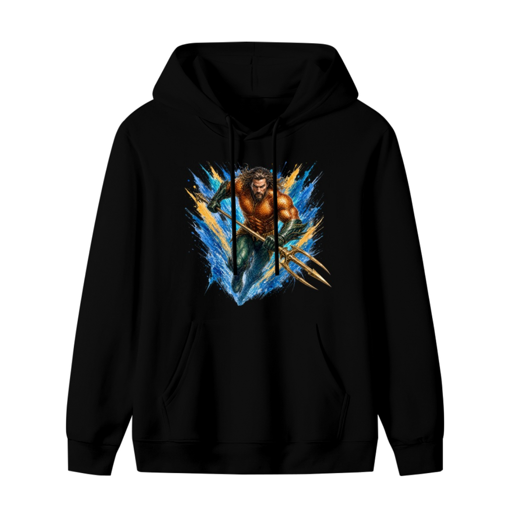 An armored trident bearer surrounded by sharp multicolored paint streaks shown on the front of a men's hoodie in a standalone product shot