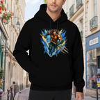 Outdoor photograph of a model in a men's hoodie bearing an armored trident bearer surrounded by sharp multicolored paint streaks