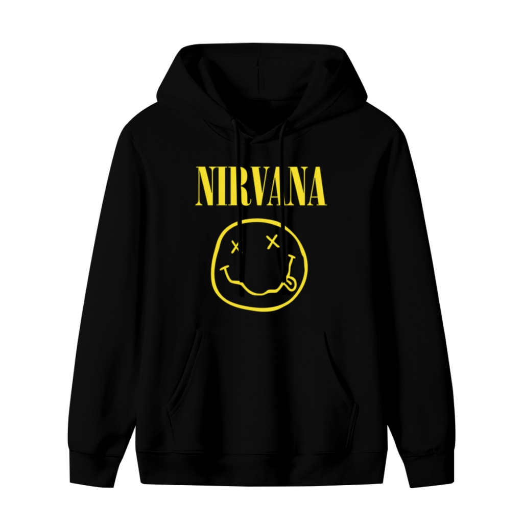 Nirvana Yellow Smiley Face Logo Hoodie, product image featuring the an instantly recognizable symbol design
