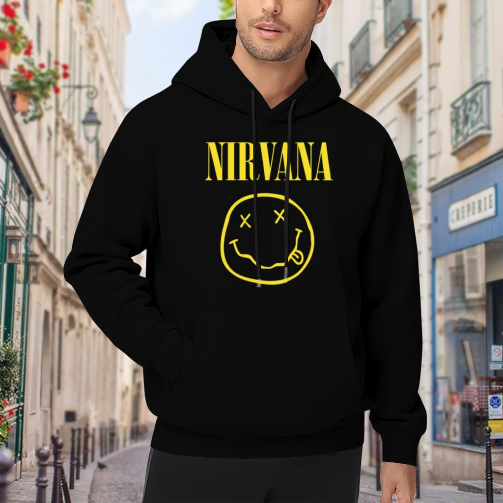 Nirvana Yellow Smiley Face Logo Hoodie, product listing image of the an instantly recognizable symbol graphic