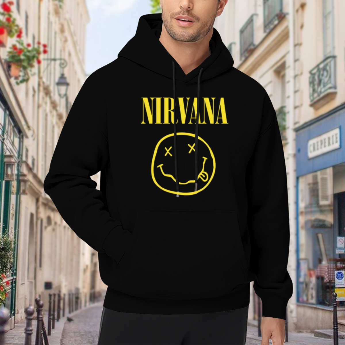 Nirvana Yellow Smiley Face Logo Hoodie, product listing image of the an instantly recognizable symbol graphic